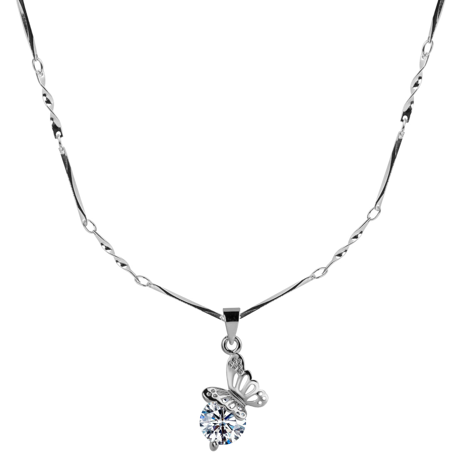     			Silver Plated chain With Attractive Butterfly  Shape Solitaire Diamond Pendant  For Women