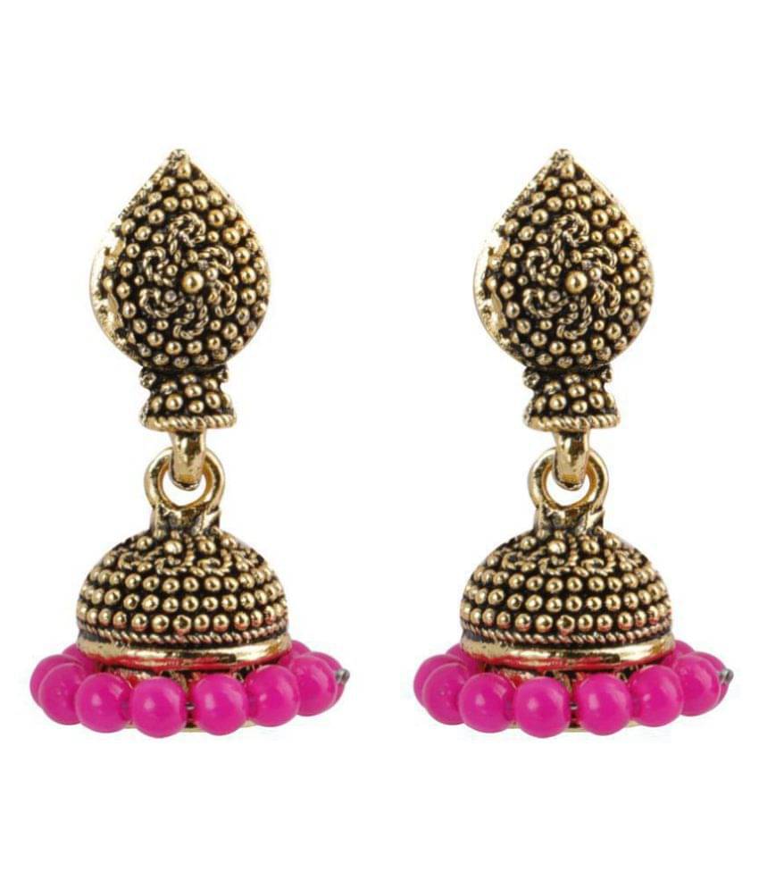    			Silver Shine Elegant Pink Beads with Golden Dots  Jhumki Earrings.