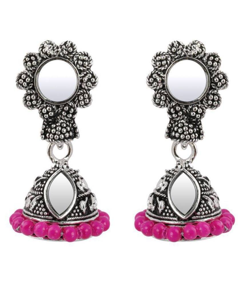     			Silver Shine Elegant Pink Mirror with Beads Jhumki Earrings.