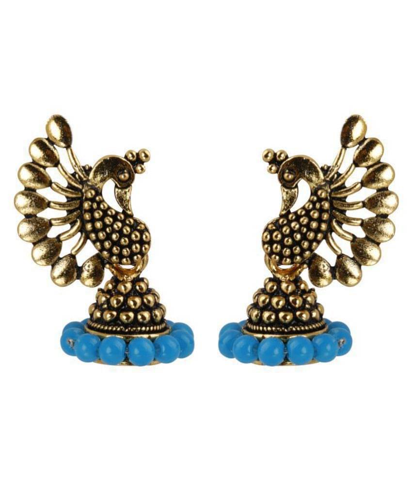    			Silver Shine Glitzy Blue Beads in Peacock Shape Jhumki Earrings.