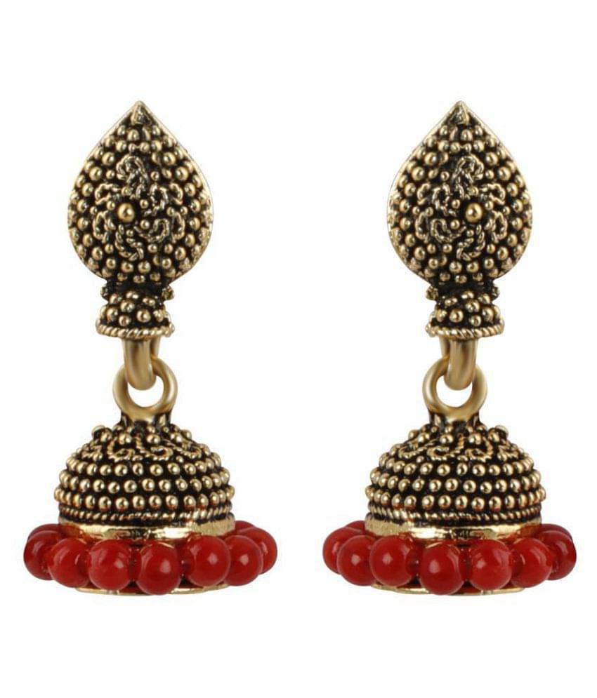     			Silver Shine Graceful Red Beads with Golden Dots  Jhumki Earrings .