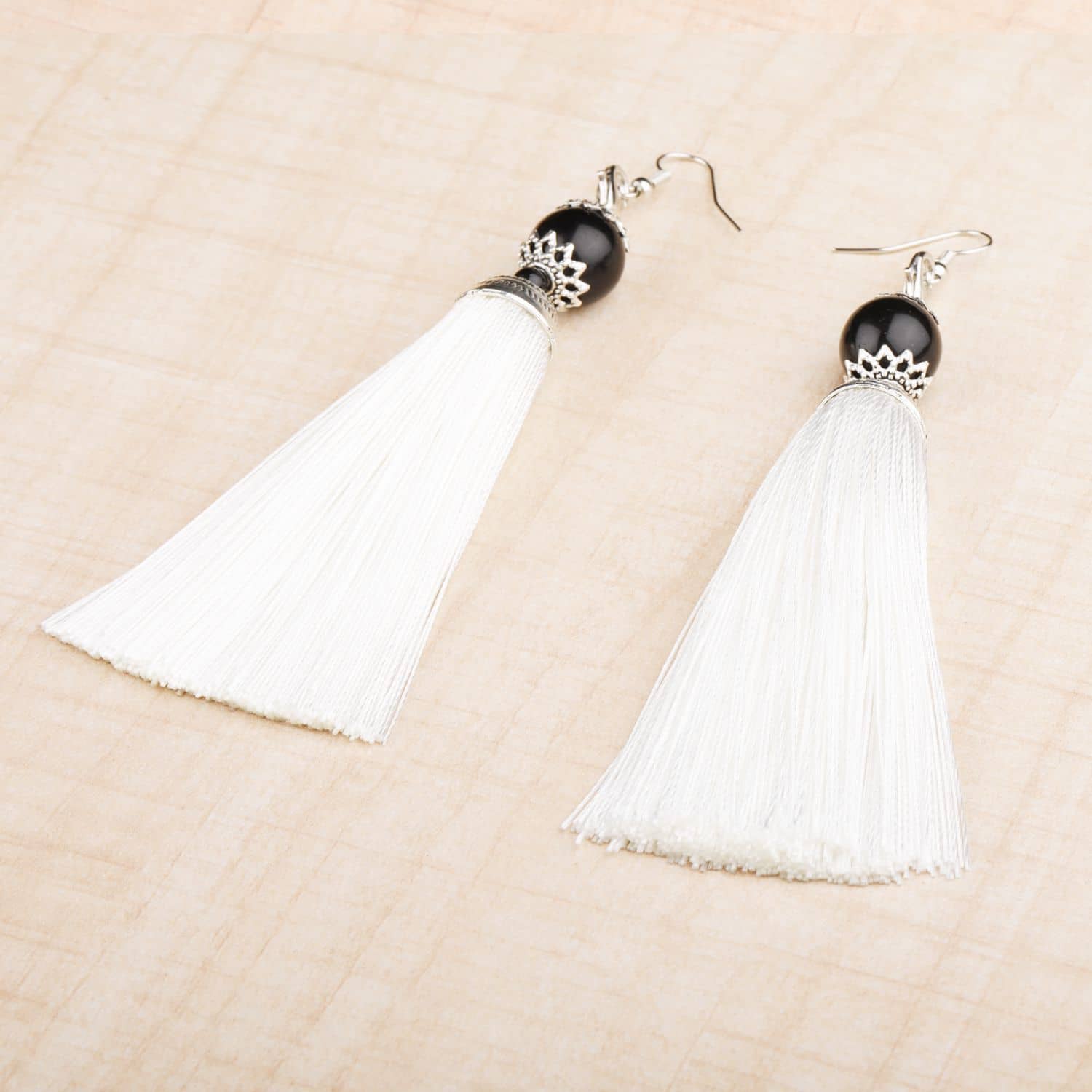 Silver Shine Spunky White Long Thread Tassel Earrings for Women. - Earrings | Buy online on ZillyBuy