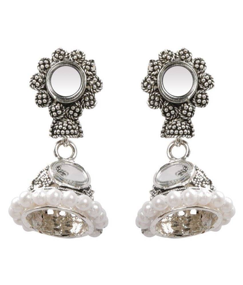     			Silver Shine Stunning White Mirror with Beads Jhumki Earrings .