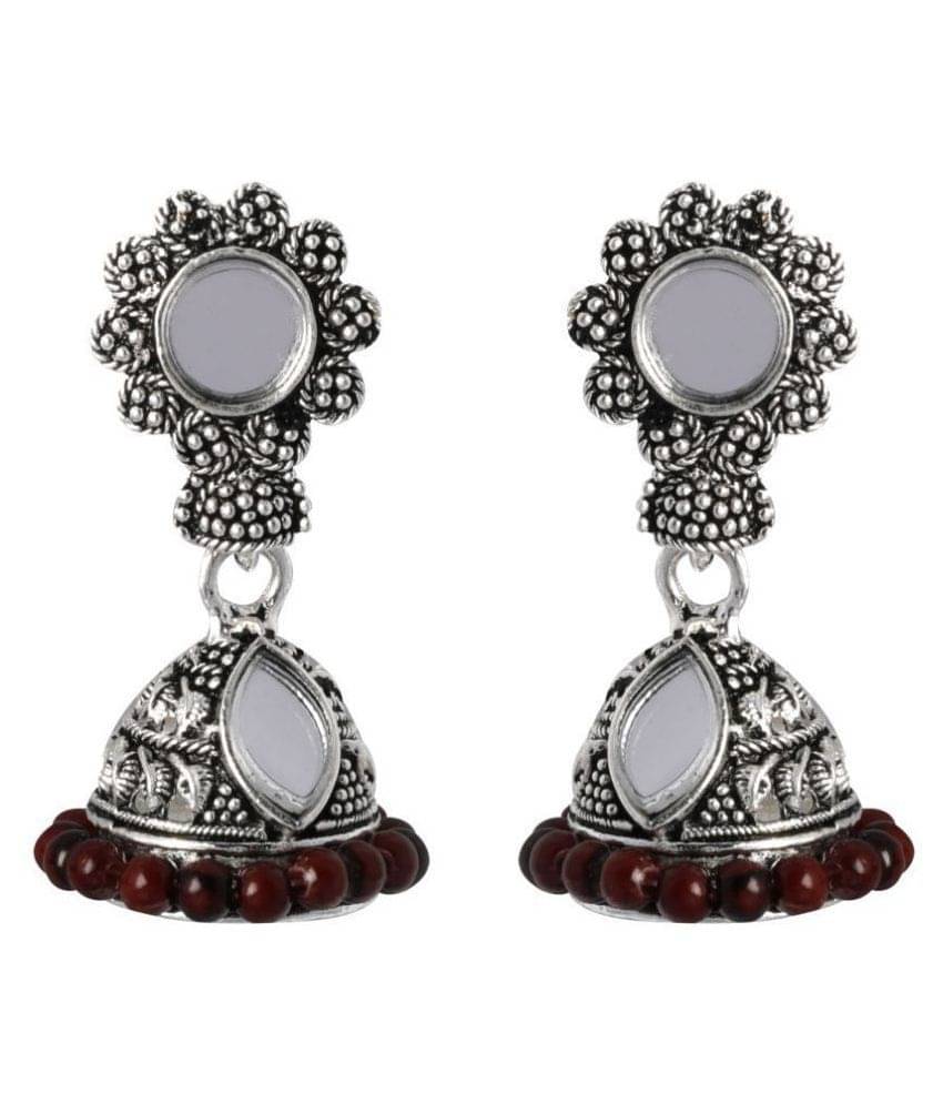    			Silver Shine Trendy Maroon Mirror with Beads Jhumki Earrings.
