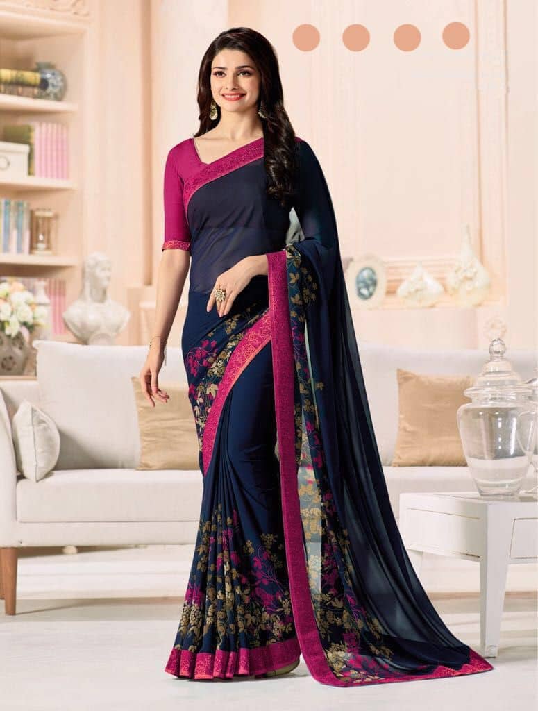 Gazal Fashions Chiffon Printed Saree With Unstitched Blouse Piece ( Navy Blue ) - Sarees | Buy online on ZillyBuy