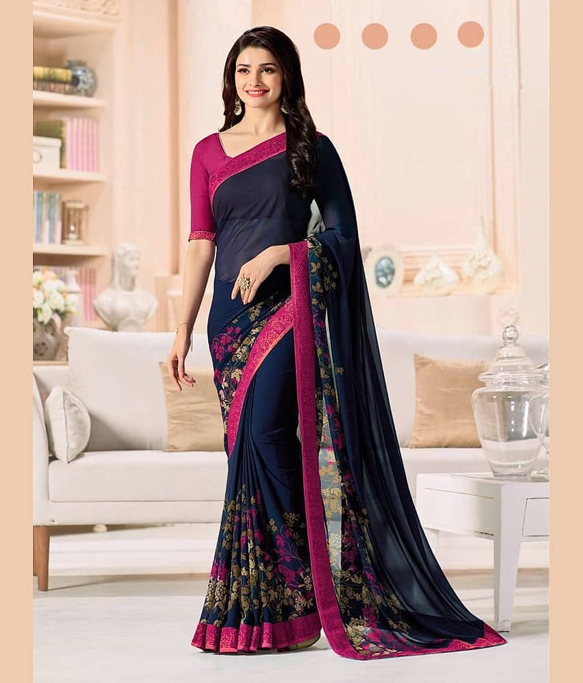 Gazal Fashions Chiffon Printed Saree With Unstitched Blouse Piece ( Navy Blue ) - Sarees | Buy online on ZillyBuy