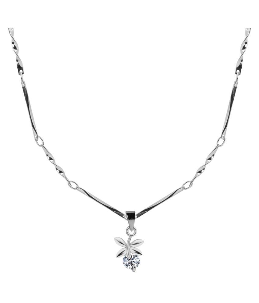 Silver Plated Chian With Leaf Shape Soliter Diamond Pendant For Women Silver Plated Chian With Leaf Shape Soliter Diamond Pendant For Women