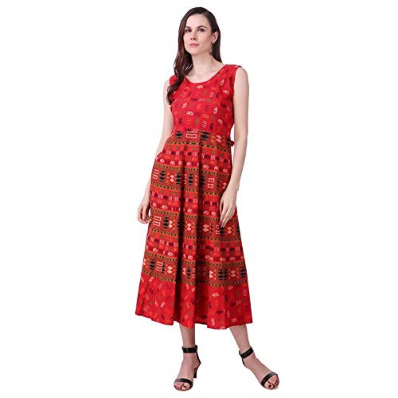 Rangun Women Cotton A-line Dress ( Red ) Rangun Women Cotton A-line Dress ( Red )