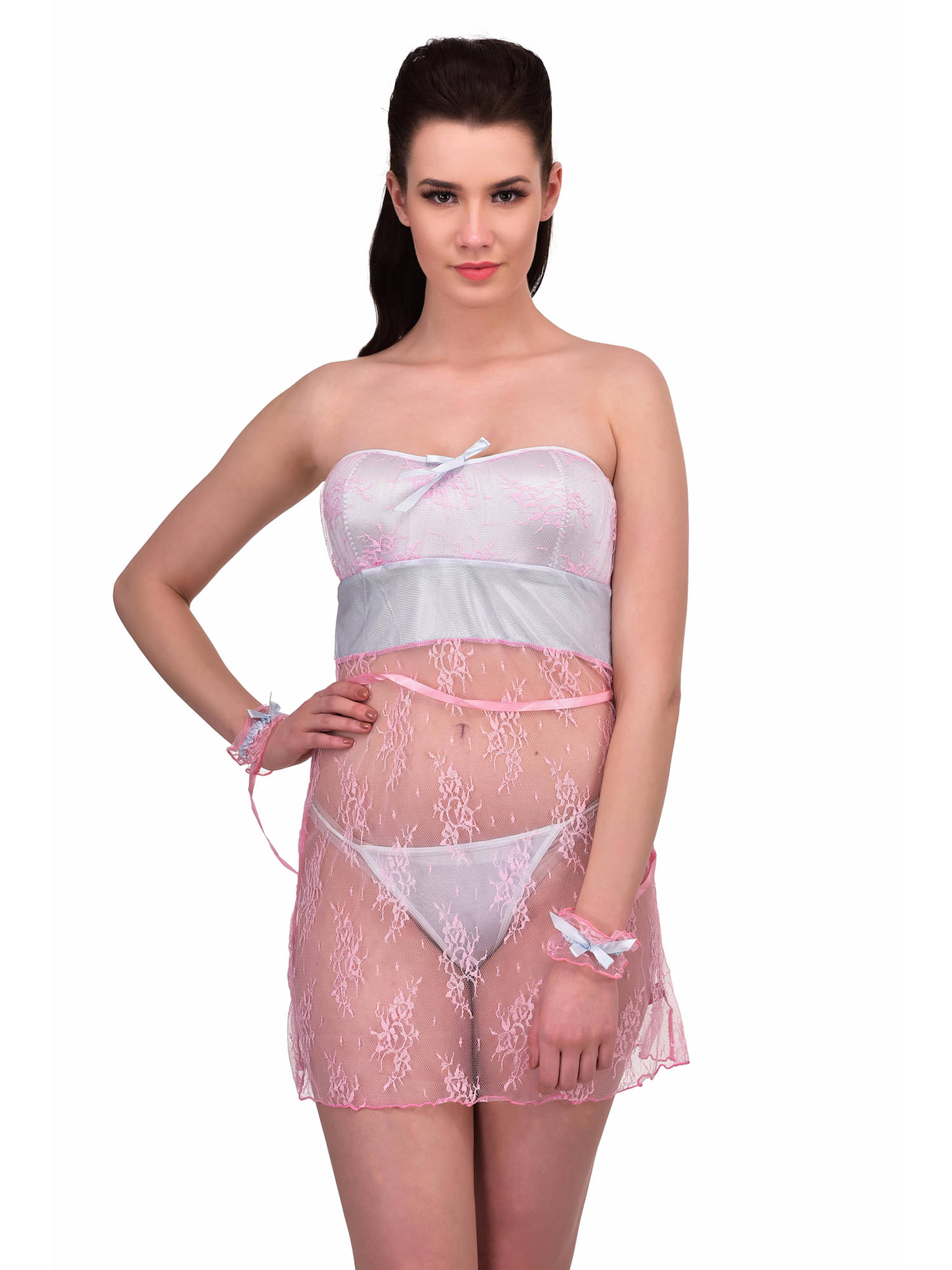     			N-Gal Polyester Baby Doll Dresses With Panty - Pink