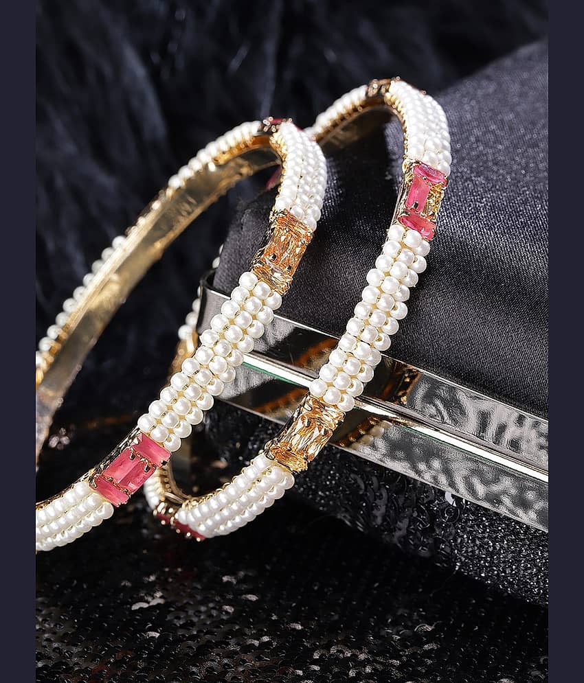 Priyaasi Designer Off White Gold Toned Pink And Golden Stone Studded Beaded Bangles For Women And Girls Set Of 2 - Bangles & Bracelets | Buy online on ZillyBuy