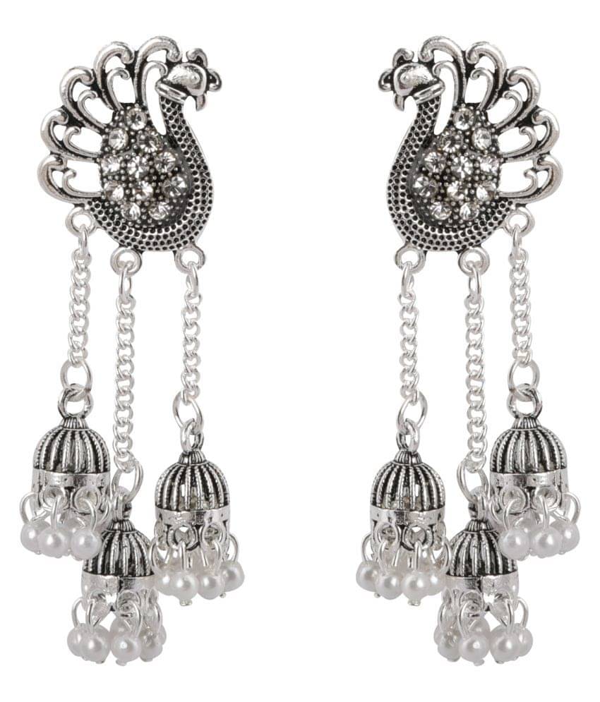     			Silver Shine Dazzling Silver Peacock Tassel Jhumki Earrings for Women