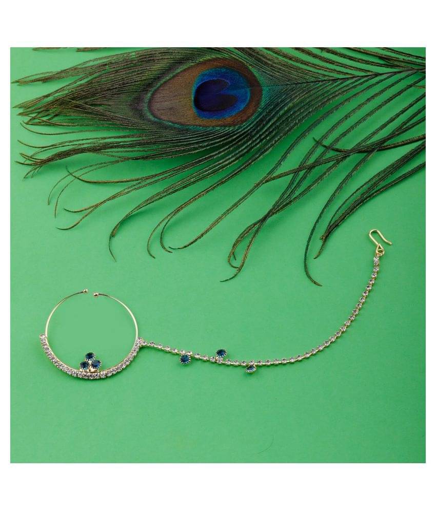 Silver Shine Traditional Gold Plated Elegant One line Chain Peacock Blue Diamond Studded Designer Wedding Nose Ring For Girls And Women Jewellery Silver Shine Traditional Gold Plated Elegant One line Chain Peacock Blue Diamond Studded Designer Wedding Nose Ring For Girls And Women Jewellery