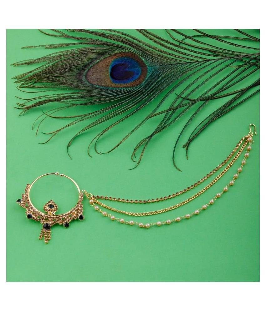     			Silver Shine Traditional Gold Plated Bottle Green Stone Diamond Studded Designer Wedding Nose Ring  for Girls And Women Jewellery