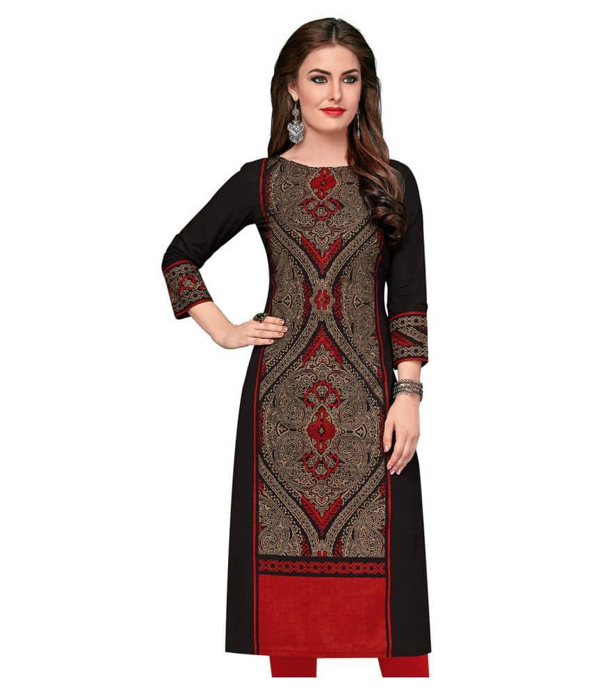 Jevi Prints Black Cotton Straight Kurti - Kurtis, Tunics | Buy online on ZillyBuy