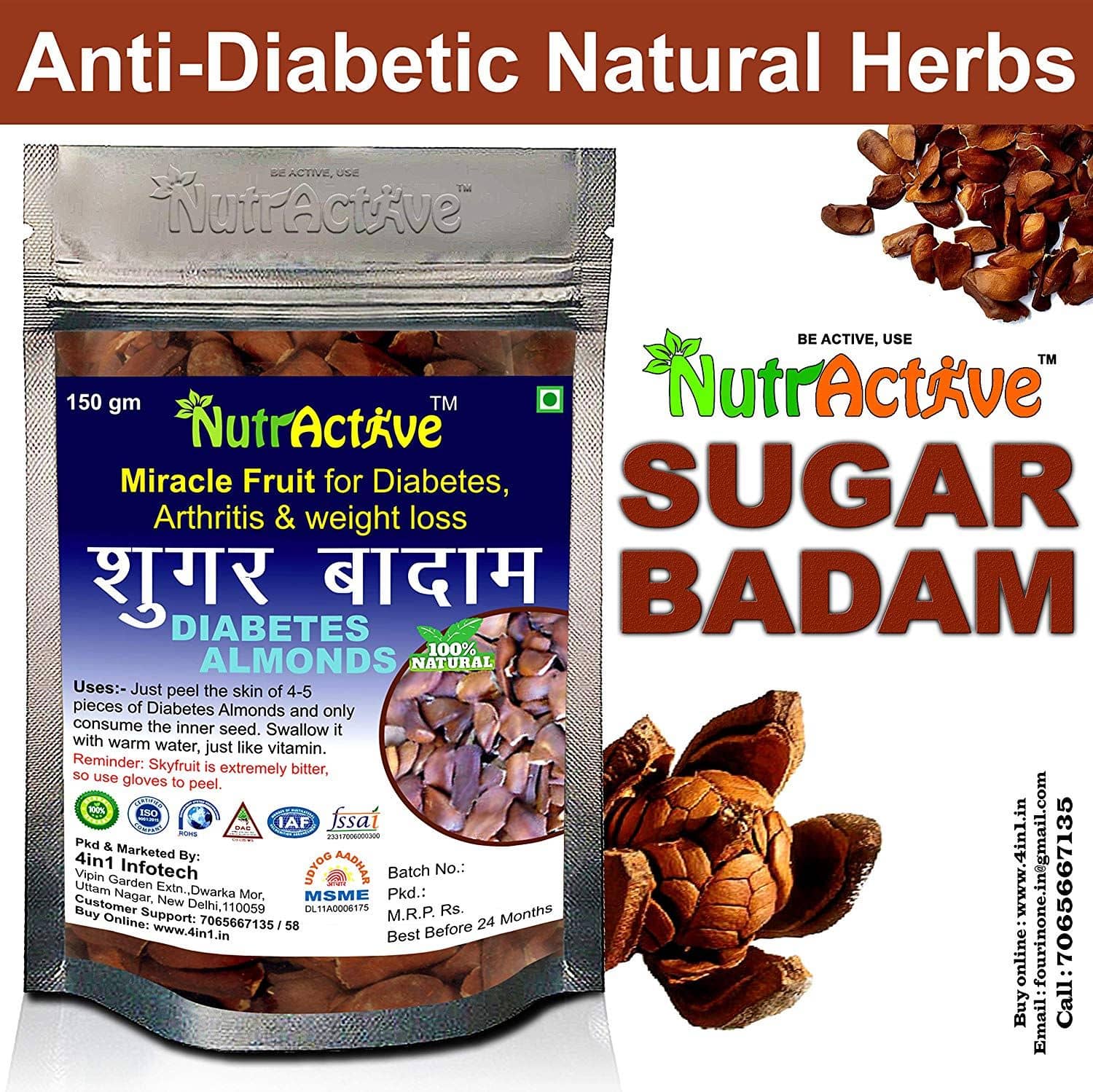 NutrActive Original Unpeeled Sky Fruit Seed, 150gm | Mahogany | Kadwa Badam | Diabetes Almonds | Sugar Badam