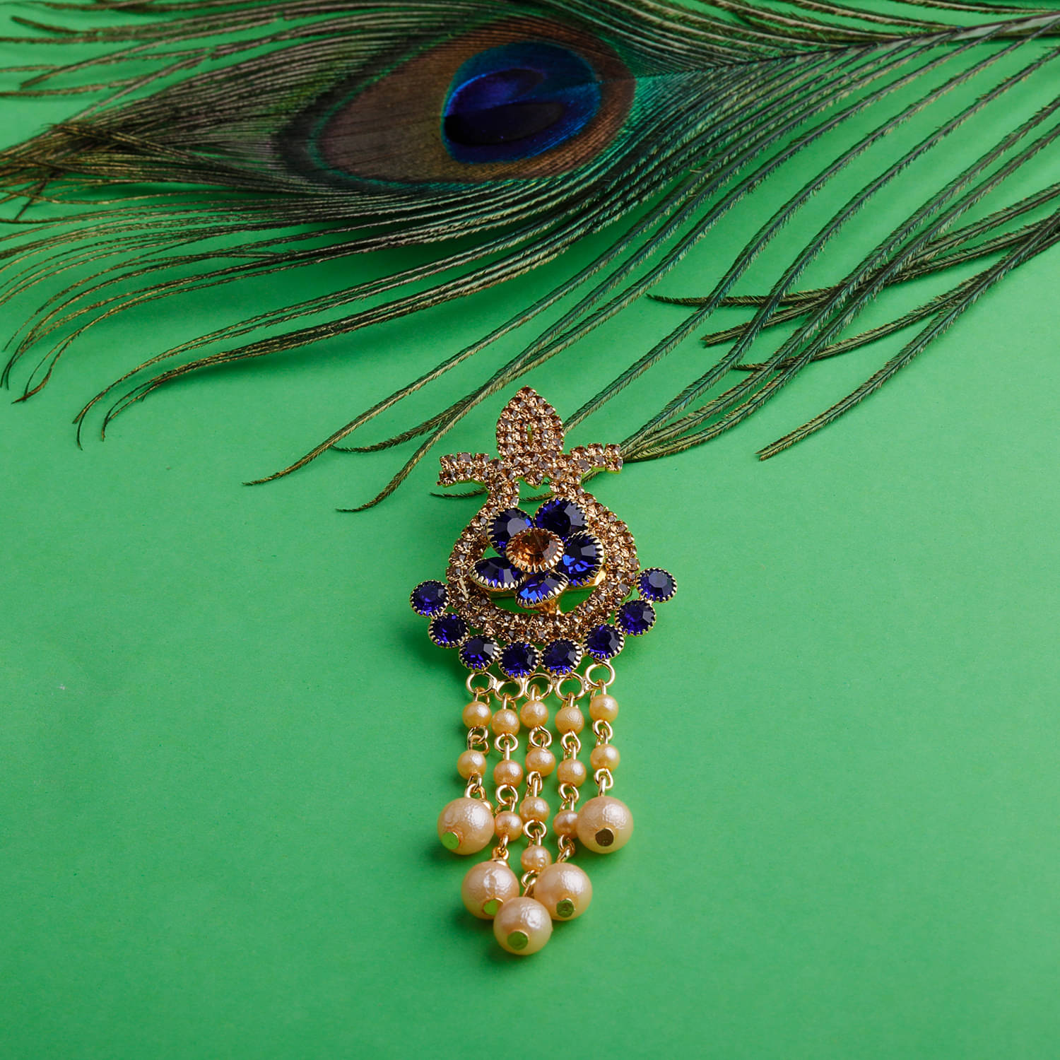     			Silver Shine Traditional Gold Plated Antique Royal Blue Colour Diamond Studded Pearl Drop Designer Wedding Brooch For Unisex Jewellery