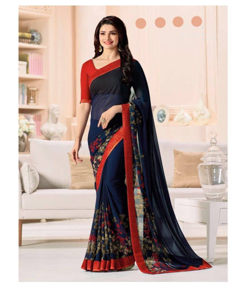 Gazal Fashions Chiffon Printed Saree With Unstitched Blouse Piece ( Blue ) - Sarees | Buy online on ZillyBuy