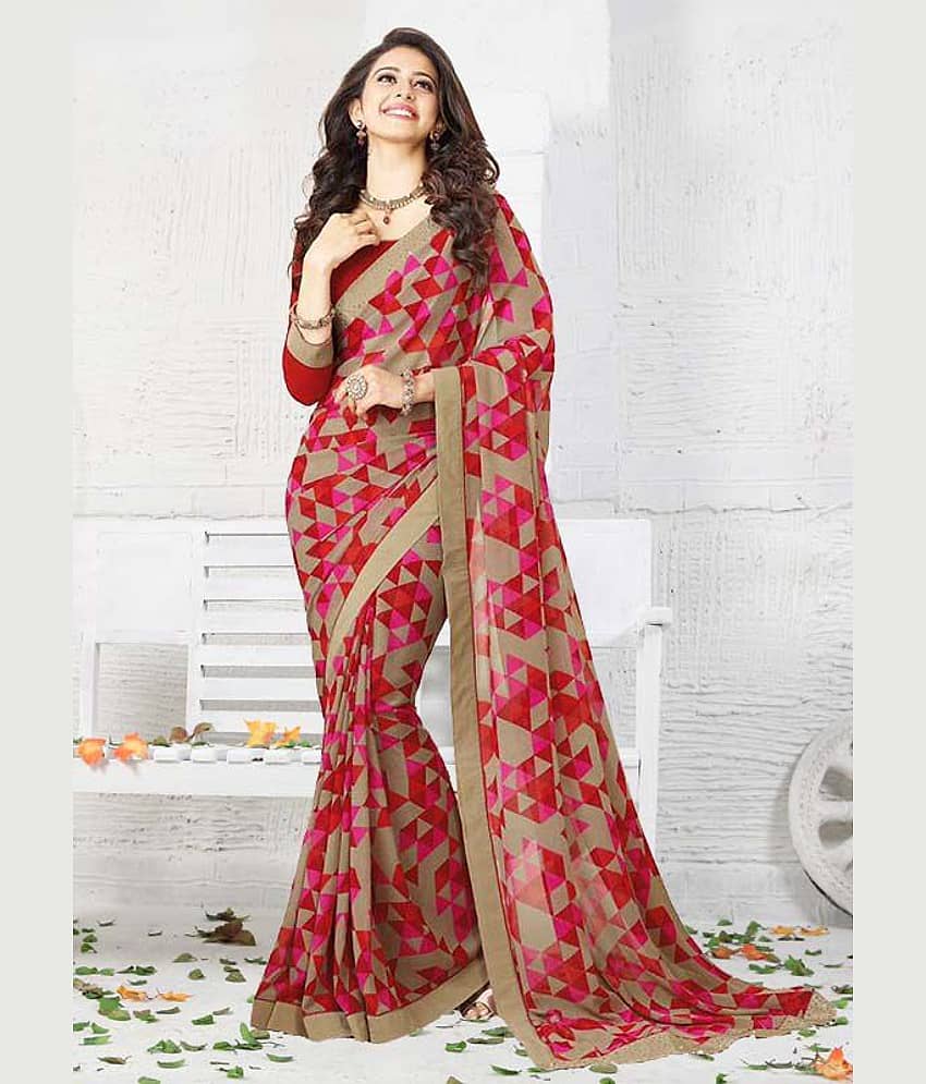 Gazal Fashions Chiffon Printed Saree With Unstitched Blouse Piece ( Beige,Pink,Red ) - Sarees | Buy online on ZillyBuy
