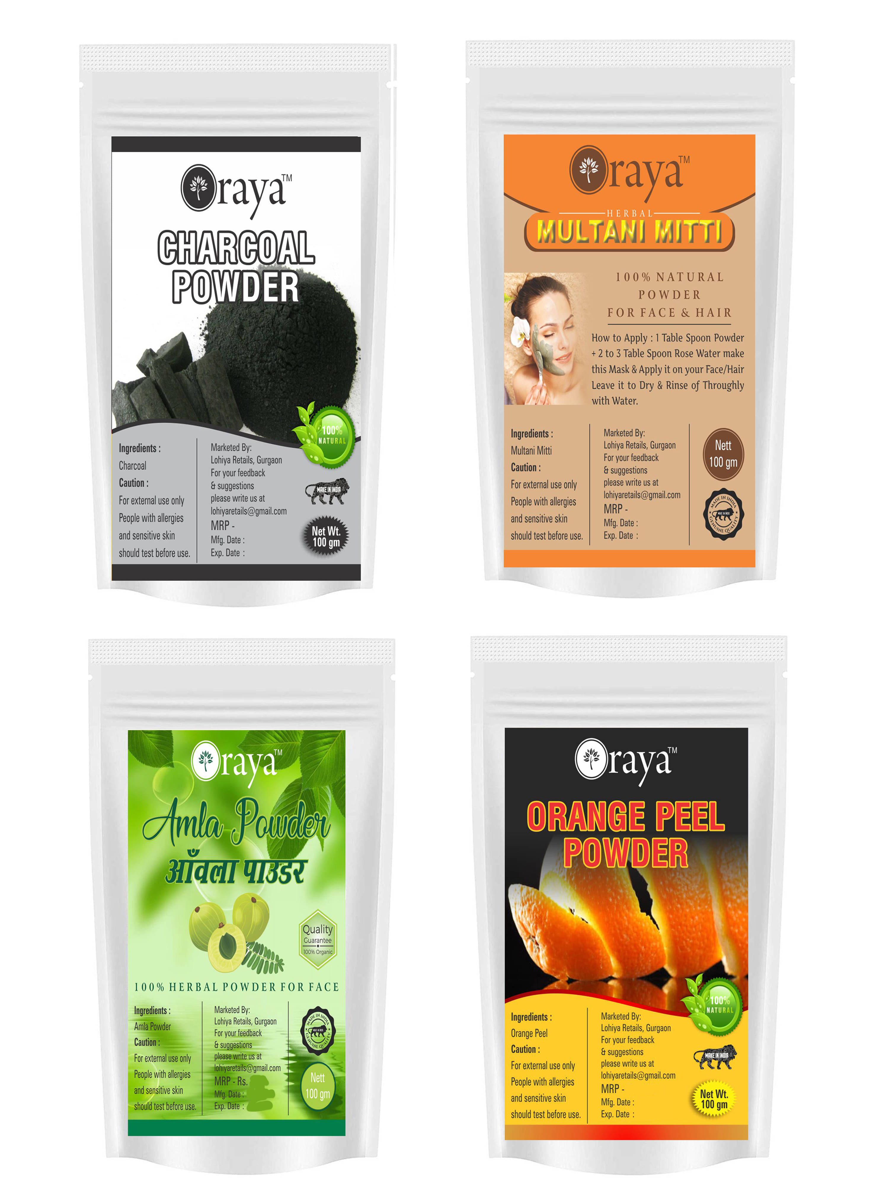 ORAYA Charcoal Powder & Multani Mitti & Amla & Orange Powder Face Pack 400 gm Pack of 4 ORAYA Charcoal Powder & Multani Mitti & Amla & Orange Powder Face Pack 400 gm Pack of 4