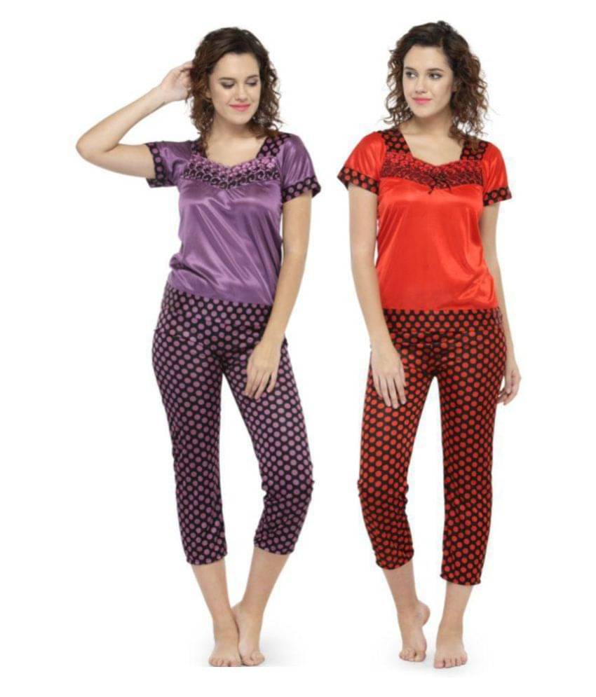 N-Gal Red and Purple Satin Nightsuit Set of 2 N-Gal Red and Purple Satin Nightsuit Set of 2