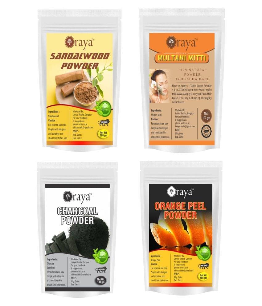 ORAYA White Sandalwood & Charcoal & Multani & Orange Powder Face Pack 400 gm Pack of 4     			ORAYA White Sandalwood & Charcoal & Multani & Orange Powder Face Pack 400 gm Pack of 4