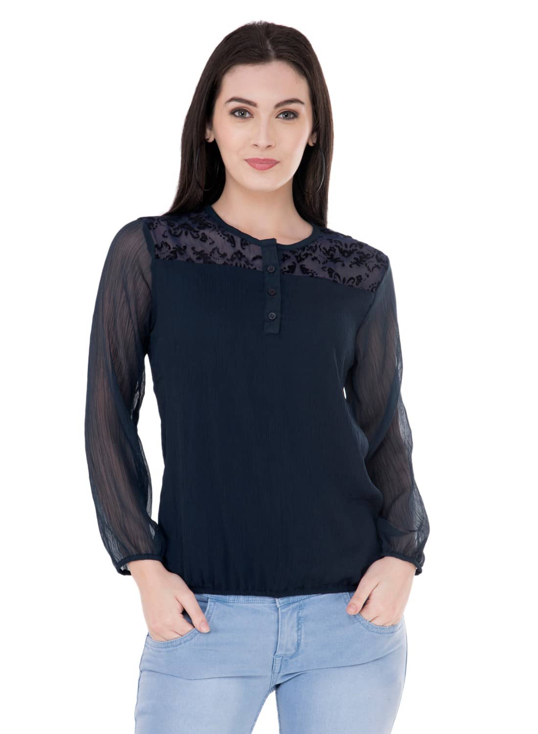 SAAKAA Women's Rayon Regular Top ( Navy )
