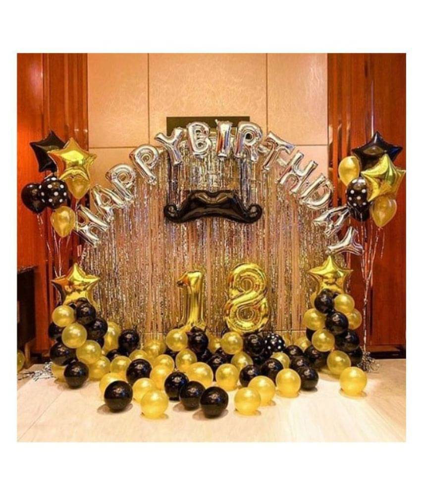     			Happy Birthday Letter Foil Balloon Set of Silver + 2Pcs Silver Fringe Curtain (3 X 6 Feet) + Pack of 30 pcs Metallic Balloons (Black & Gold) & Polka Dot Balloon (Black)