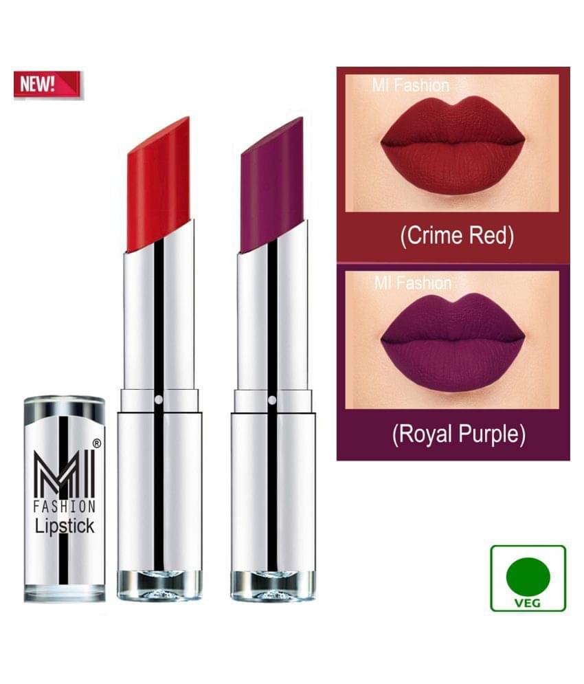    			MI FASHION 100% Veg Soft Matte Long Stay Lipstick Combo Red,Purple Multi Pack of 2 7 g
