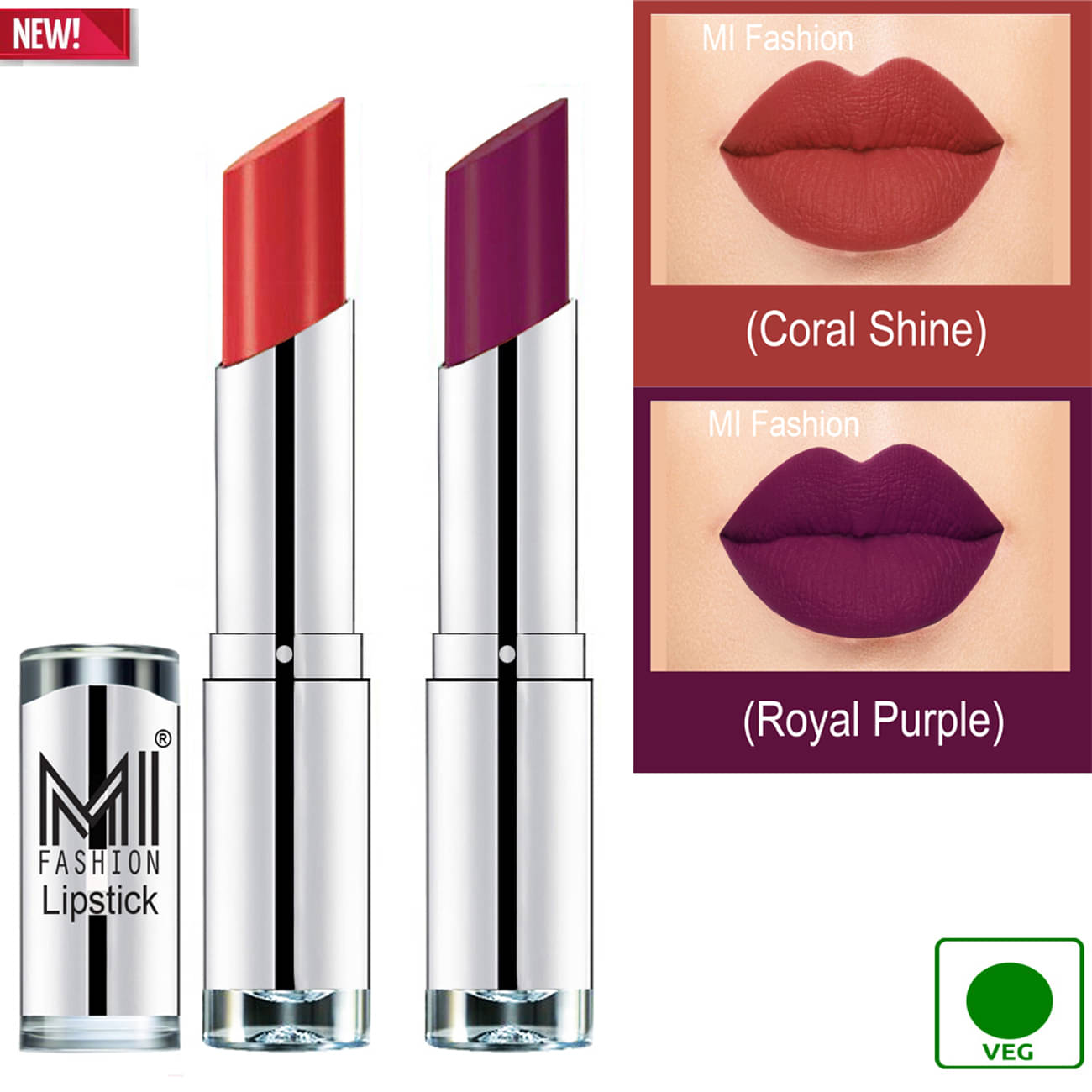     			MI FASHION 100% Veg Soft Matte Long Stay Lipstick Combo Coral,Purple Multi Pack of 2 7 g