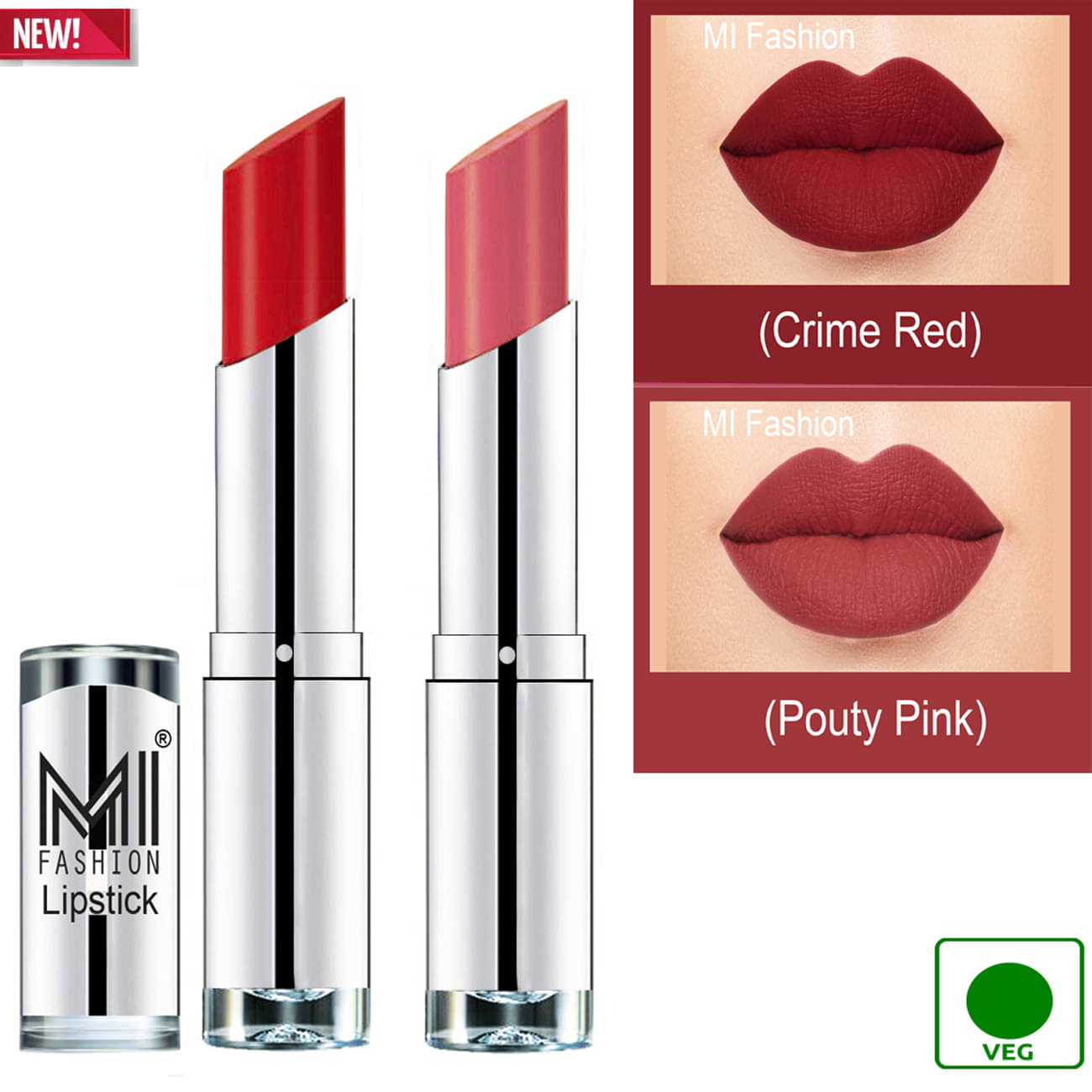     			MI FASHION 100% Veg Soft Matte Long Stay Lipstick Combo Red,Pink Multi Pack of 2 7 g
