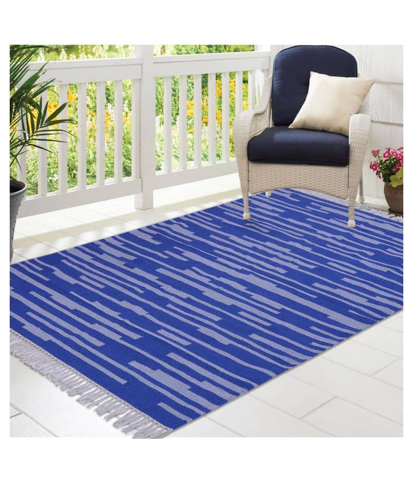 PEQURA Blue Cotton Carpet Stripes 5x7 Ft