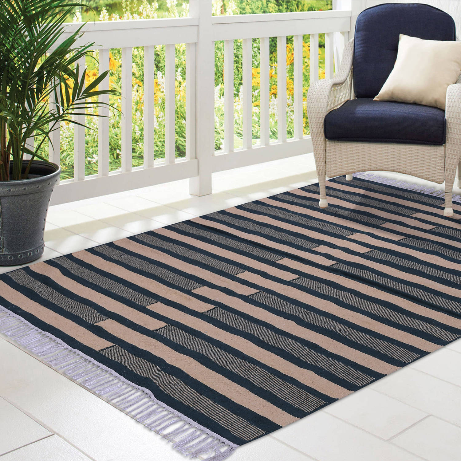     			PEQURA Green Cotton Carpet Stripes 5x7 Ft