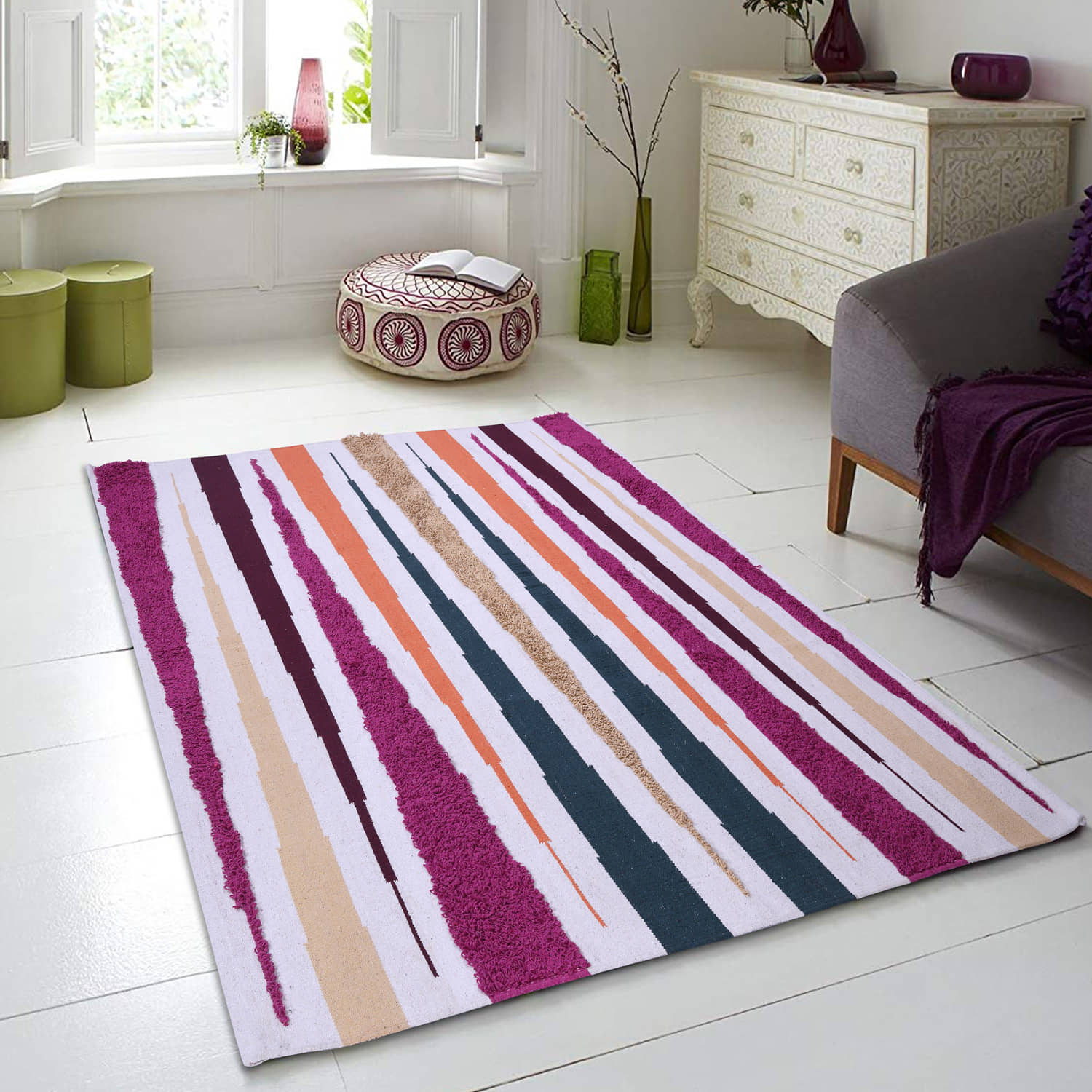 PEQURA Multi Cotton Carpet Stripes 5x7 Ft