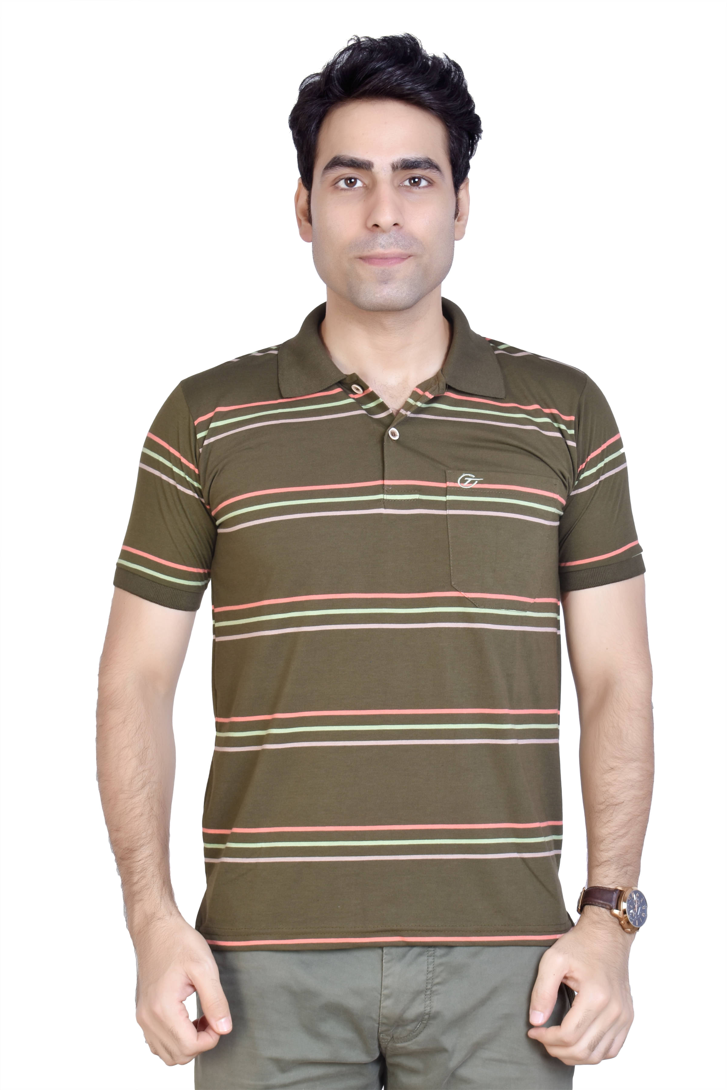 Awack Cotton Blend Green Stripers Polo T Shirt Awack Cotton Blend Green Stripers Polo T Shirt