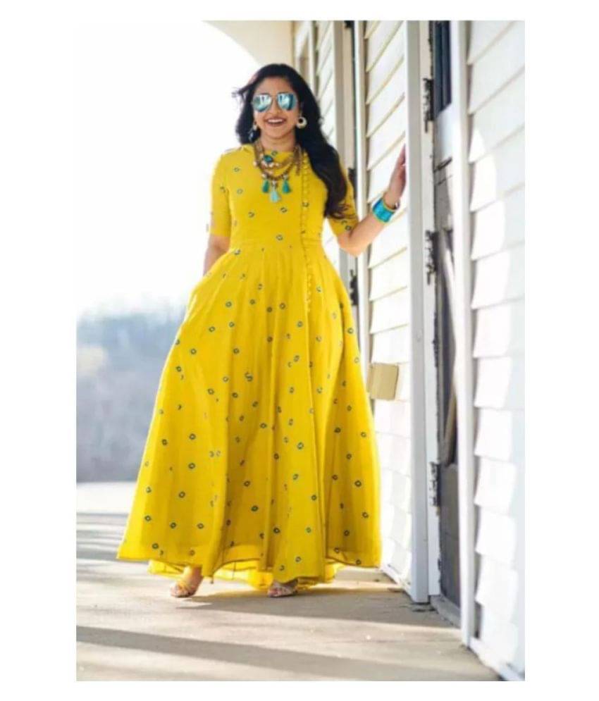 SHANTIPANCHAM V1 FASHION Yellow Rayon A-line Kurti     			SHANTIPANCHAM V1 FASHION Yellow Rayon A-line Kurti