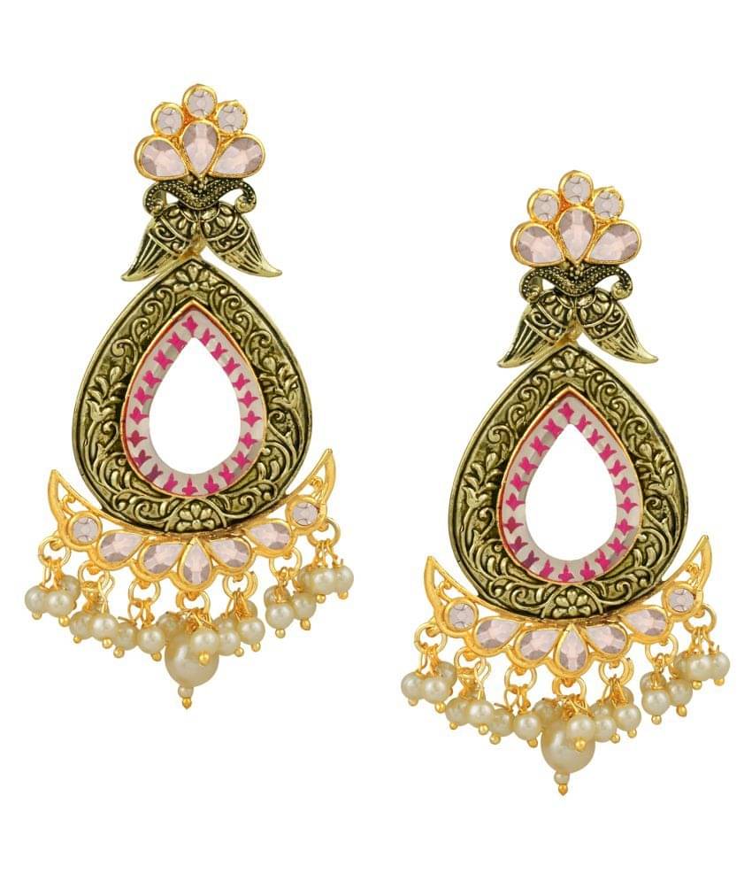     			Spargz Resin Work Alloy Gold Plated AD Diamond & Pearl Dangle Earring For Women