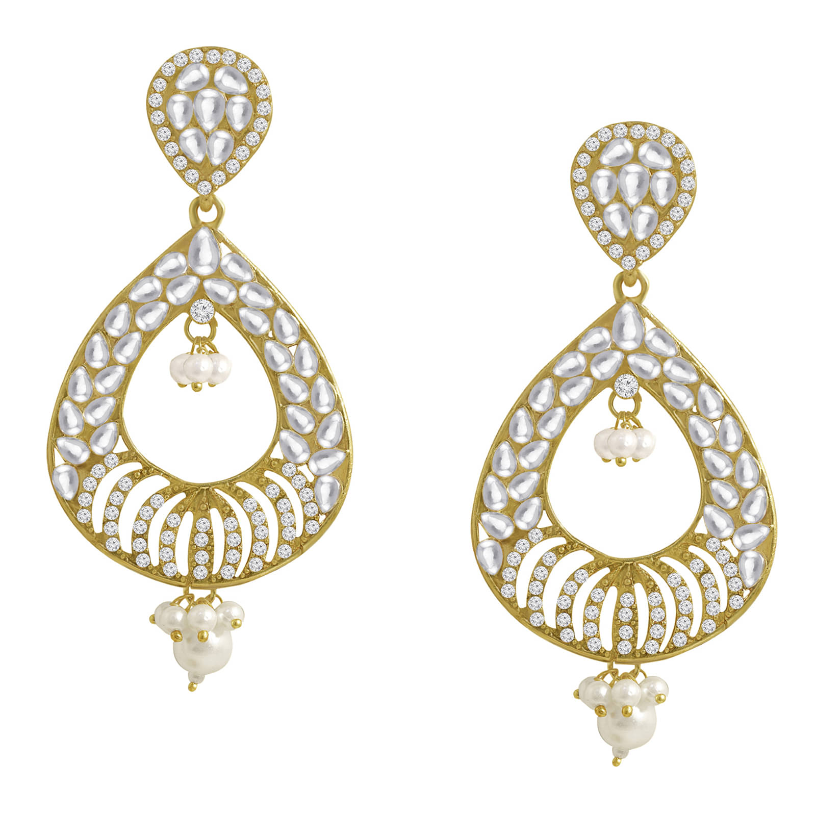 Spargz Traditional Alloy Gold Plated Kundan AD Diamond & Pearl Dangle Earring For Women Spargz Traditional Alloy Gold Plated Kundan AD Diamond & Pearl Dangle Earring For Women
