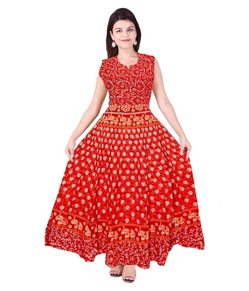 Rangun Women Cotton Ethnic Dress ( Red )     			Rangun Women Cotton Ethnic Dress ( Red )
