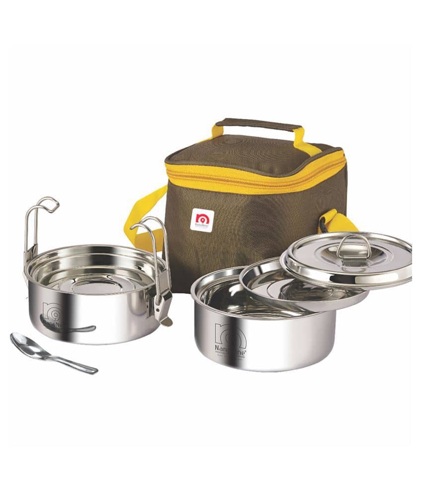 Nanonine Clip-On Double Wall Stainless Steel Insulated Lunch Pack, Set Of 2, 350 Ml Each, Silver