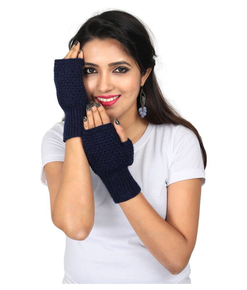 KC Store Women's Navy Woolen Hand Knitted Gloves For Winters - Dupattas & Shawls | Buy online on ZillyBuy