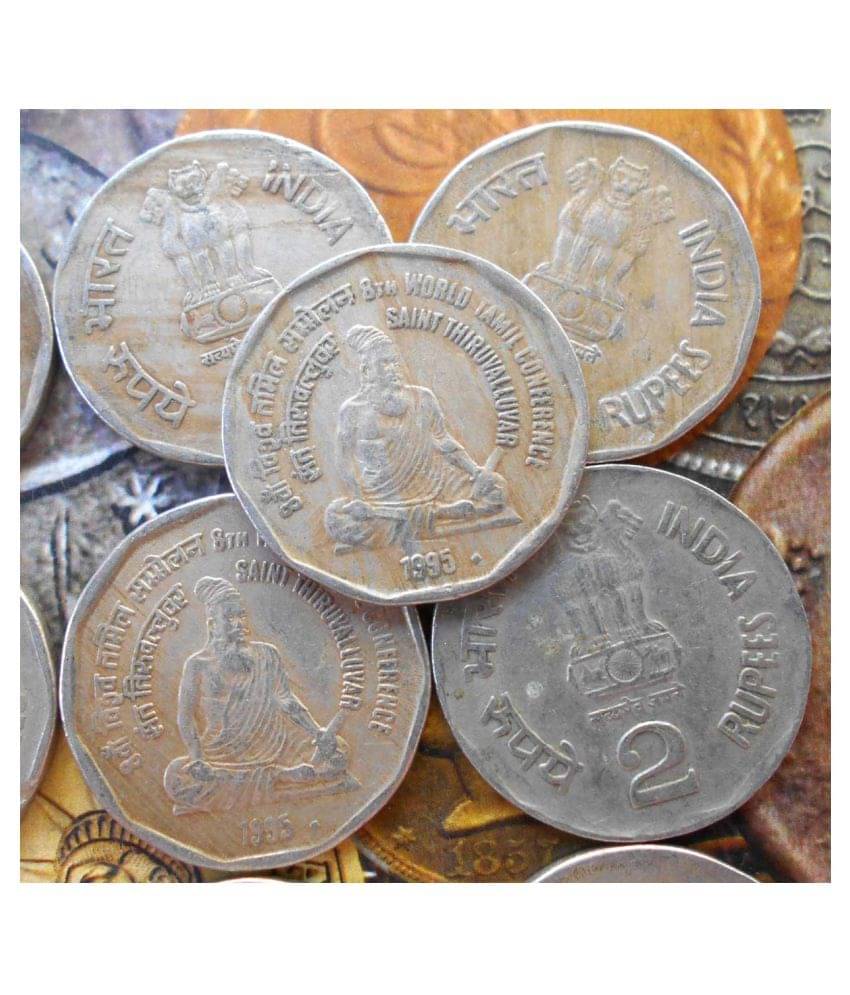     			10 COINS Lot - 2 Rs (St. Thiruvalluvar - Tamil Conference) 1995 Circulating commemorative  8th World Tamil Conference Copper-nickel • 5.9 g • ⌀ 26.5 mm for PUJA PURPOSE