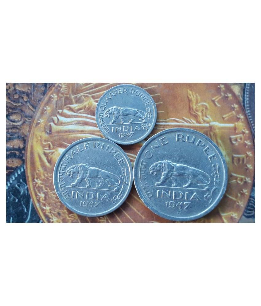     			3 Coins Set - 1947 British India KG VI , 1/4 , 1/2 & 1 Rupee - CIRCULATED Condition. for PUJA PURPOSE