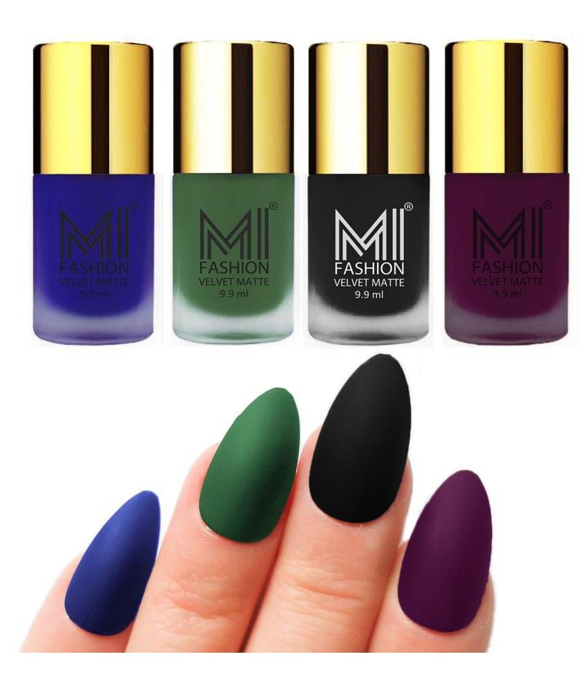 MI FASHION Matte Nail Paint Set Combo Green Nail Polish Black,Royal Blue Purple Matte Pack of 4 40 mL     			MI FASHION Matte Nail Paint Set Combo Green Nail Polish Black,Royal Blue Purple Matte Pack of 4 40 mL