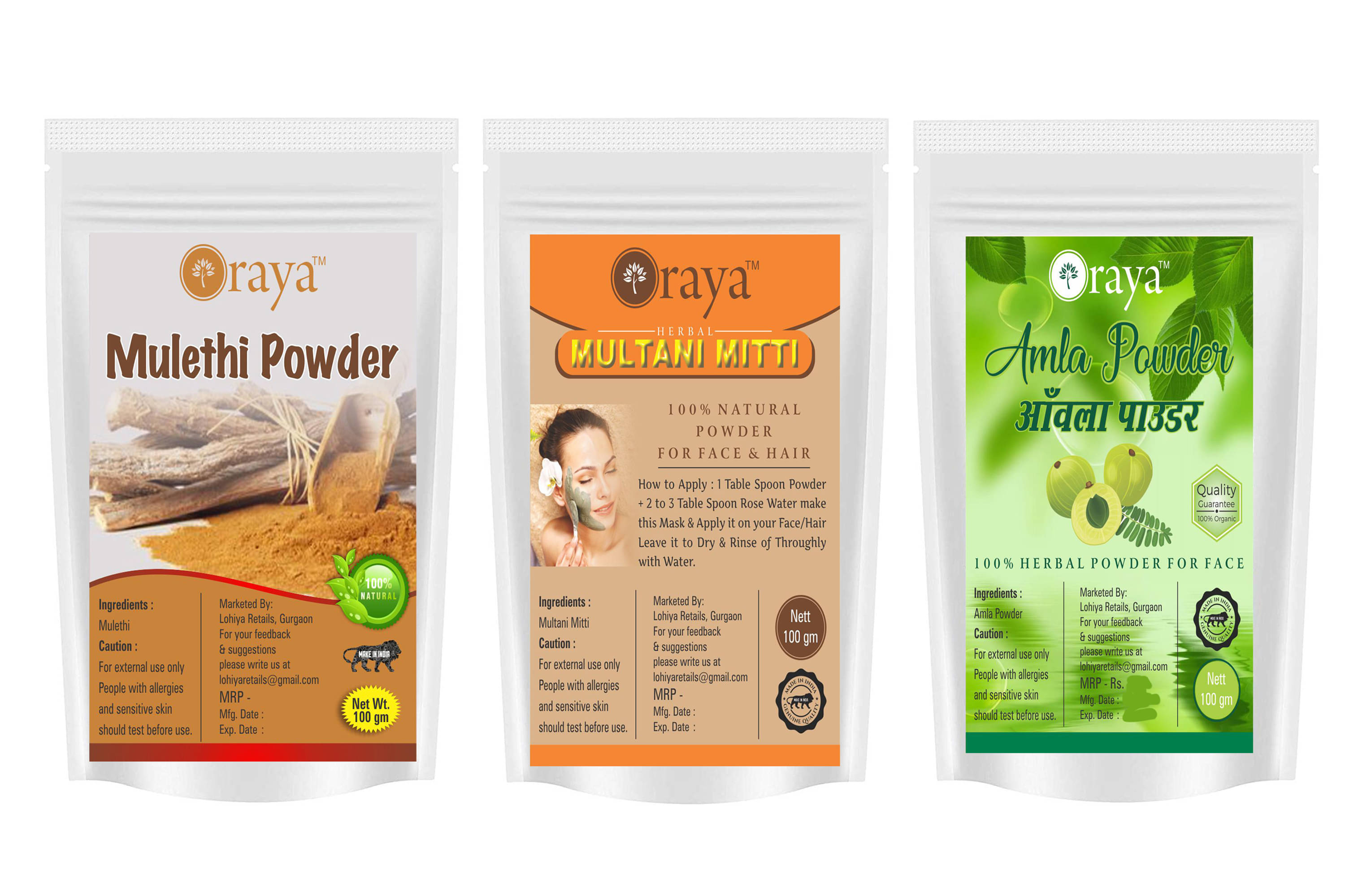     			ORAYA Mulethi Powder And Multani Mitti Powder And Amla Powder Face Pack 300 gm Pack of 3