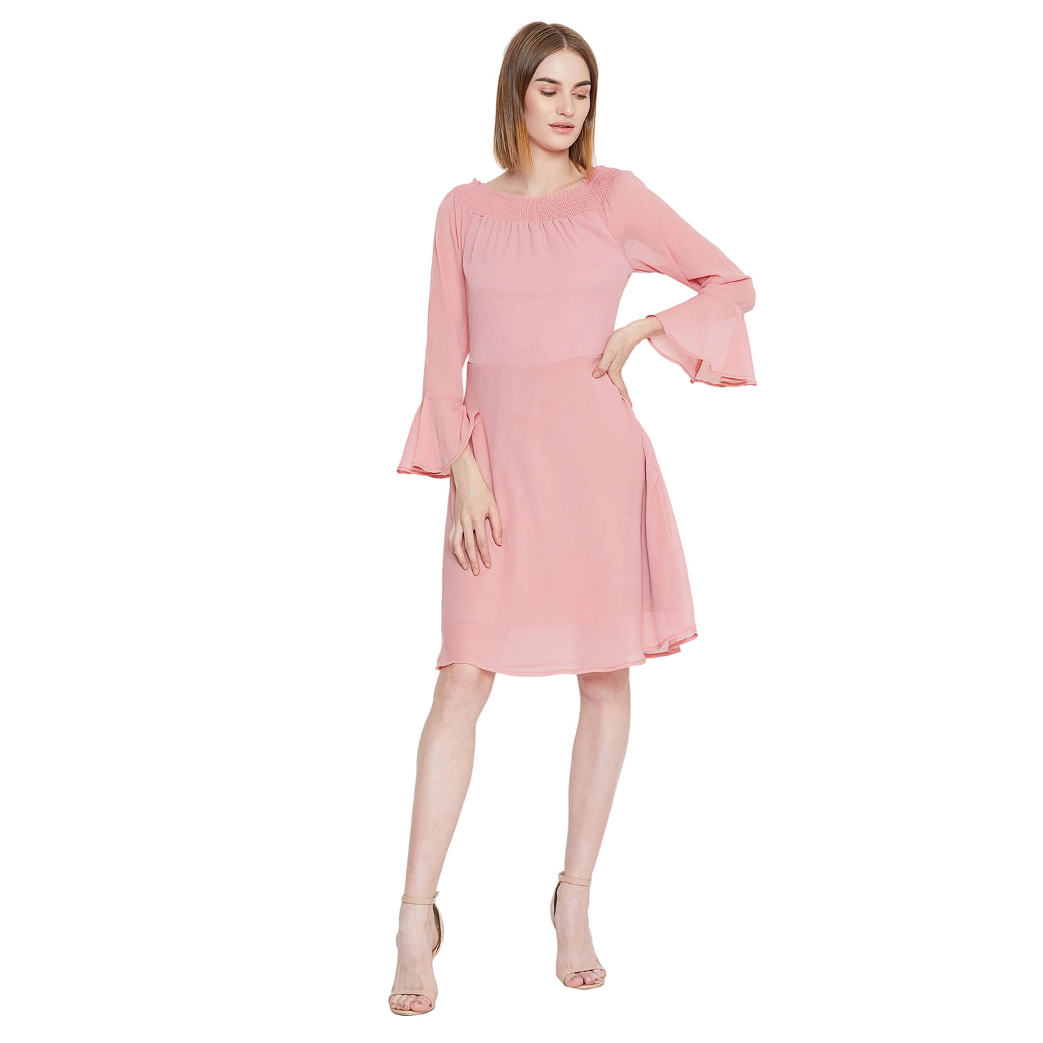 Purys Women Polyester Fit & Flare Dress ( Pink ) Purys Women Polyester Fit & Flare Dress ( Pink )