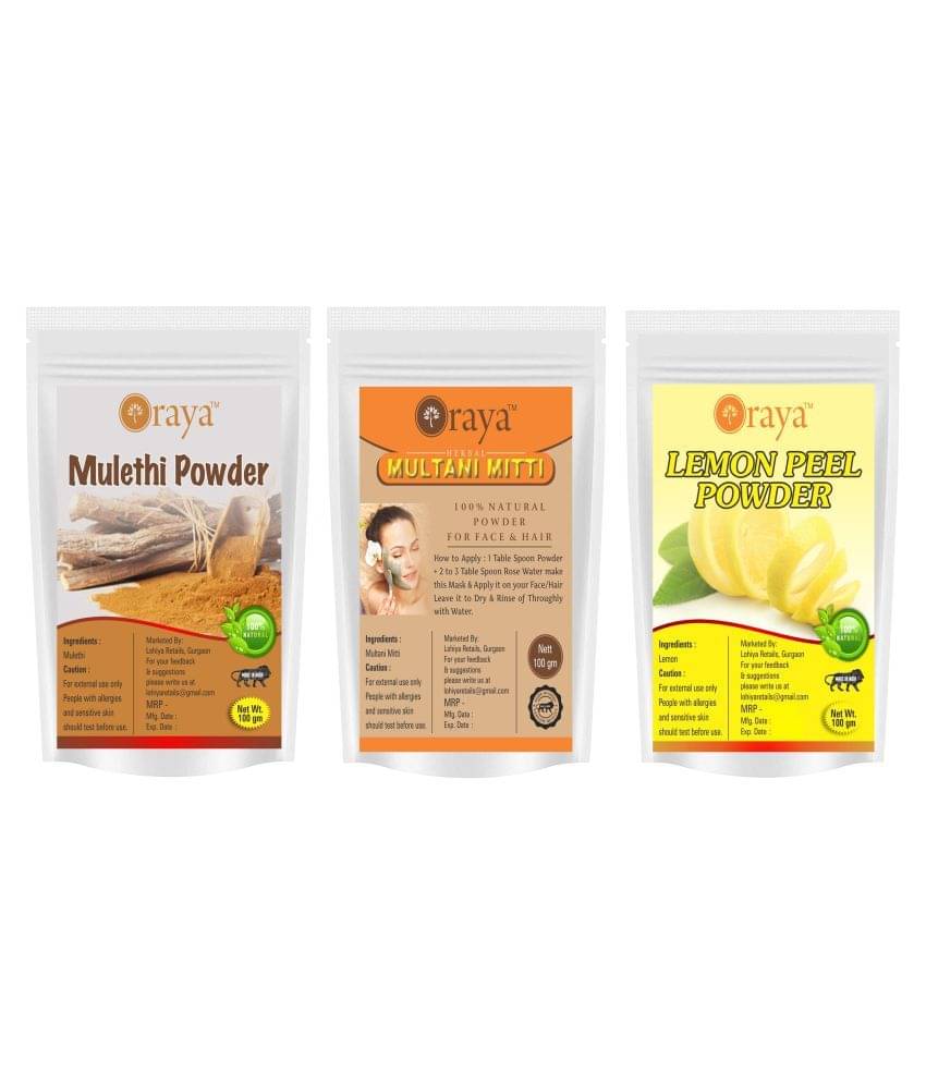 ORAYA 100% Pure & Natural Mulethi & Multani Mitti & Lemon Powder Face Pack 300 gm Pack of 3 ORAYA 100% Pure & Natural Mulethi & Multani Mitti & Lemon Powder Face Pack 300 gm Pack of 3