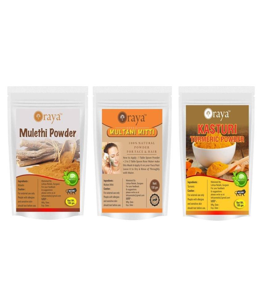 ORAYA Mulethi Powder & Multani Mitti & Haldi Powder For Skin Face Pack 300 gm Pack of 3 ORAYA Mulethi Powder & Multani Mitti & Haldi Powder For Skin Face Pack 300 gm Pack of 3