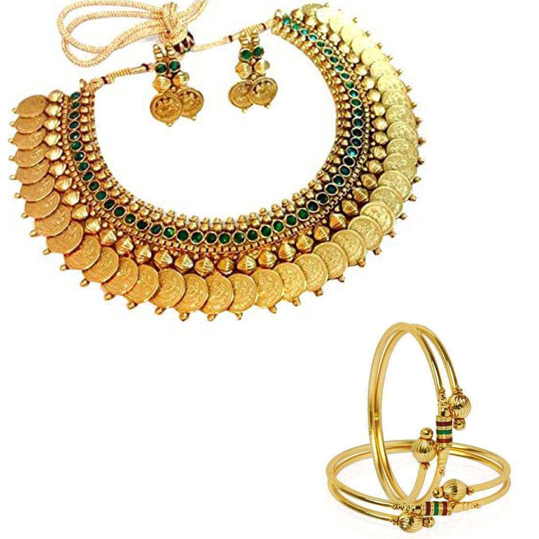     			Zeneme Pearl Temple coin Traditional Necklace set & Traditional Bangle Set for women party wear Jewellery set with Earrings for Women