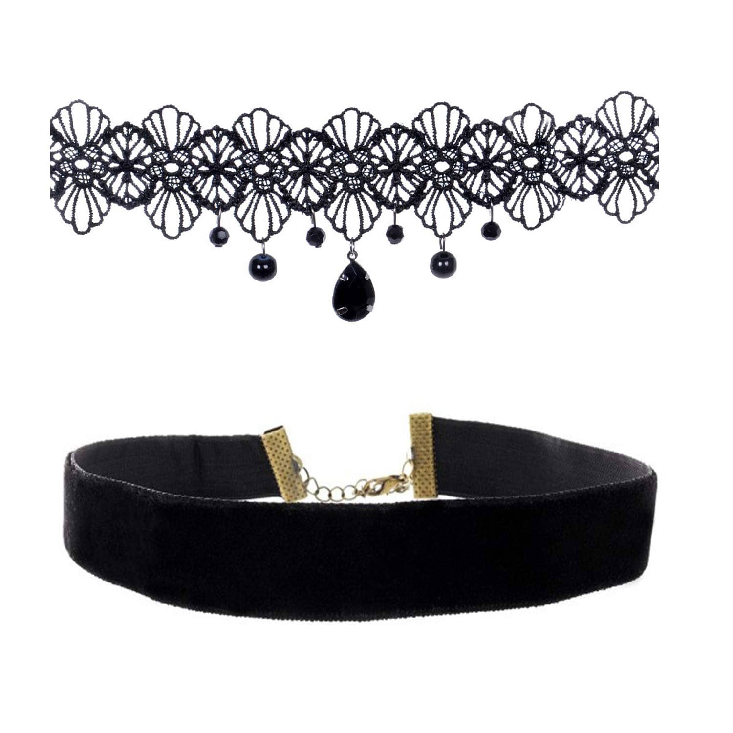 Romp Fashion 2 Pieces Black Velvet Finish with Lace Bead Choker Necklace for Girls and Women