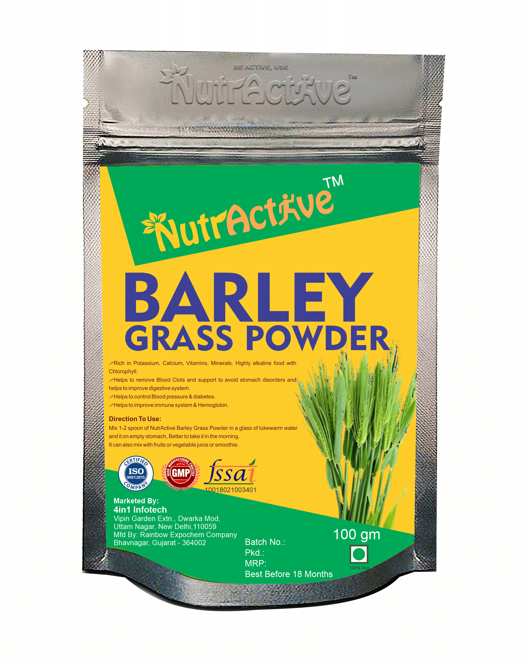 NutrActive Organic Barley Grass Powder for Natural Alkaline and Chlorophyll Powder 100 gm